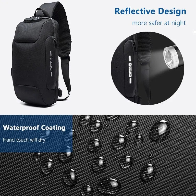 Multifunctional anti-theft waterproof shoulder bag in Oxford cloth, square section shape, available in multiple colours including black and dark blue.