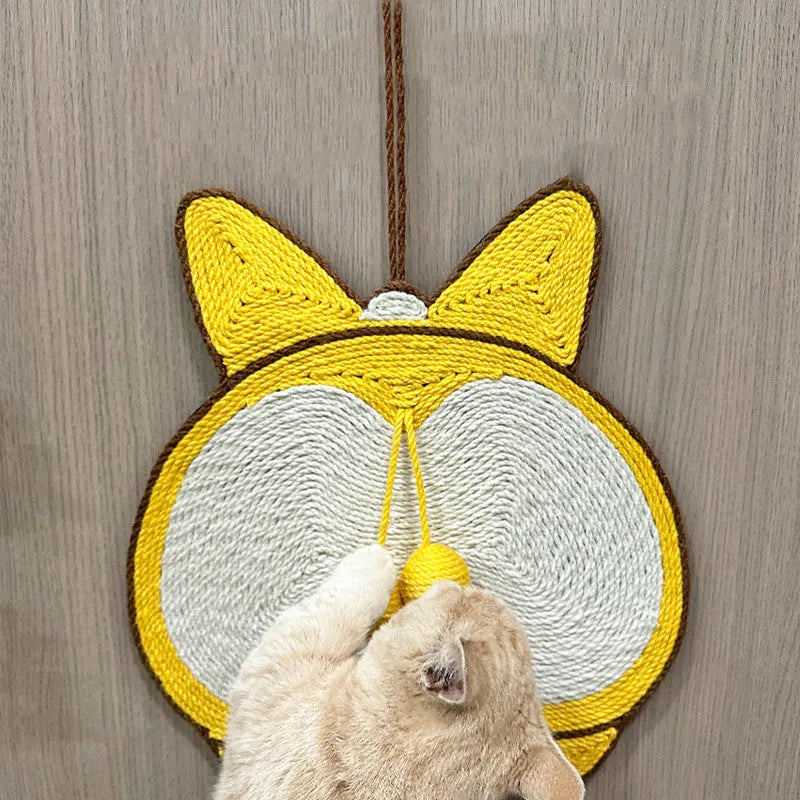 Yellow Corgi design cat scratcher pad with natural sisal surface on anti-slip base