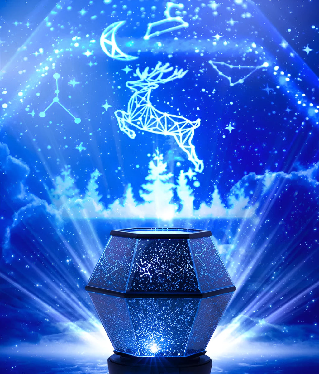 Children's rotating star night light projecting coloured stars on bedroom wall
