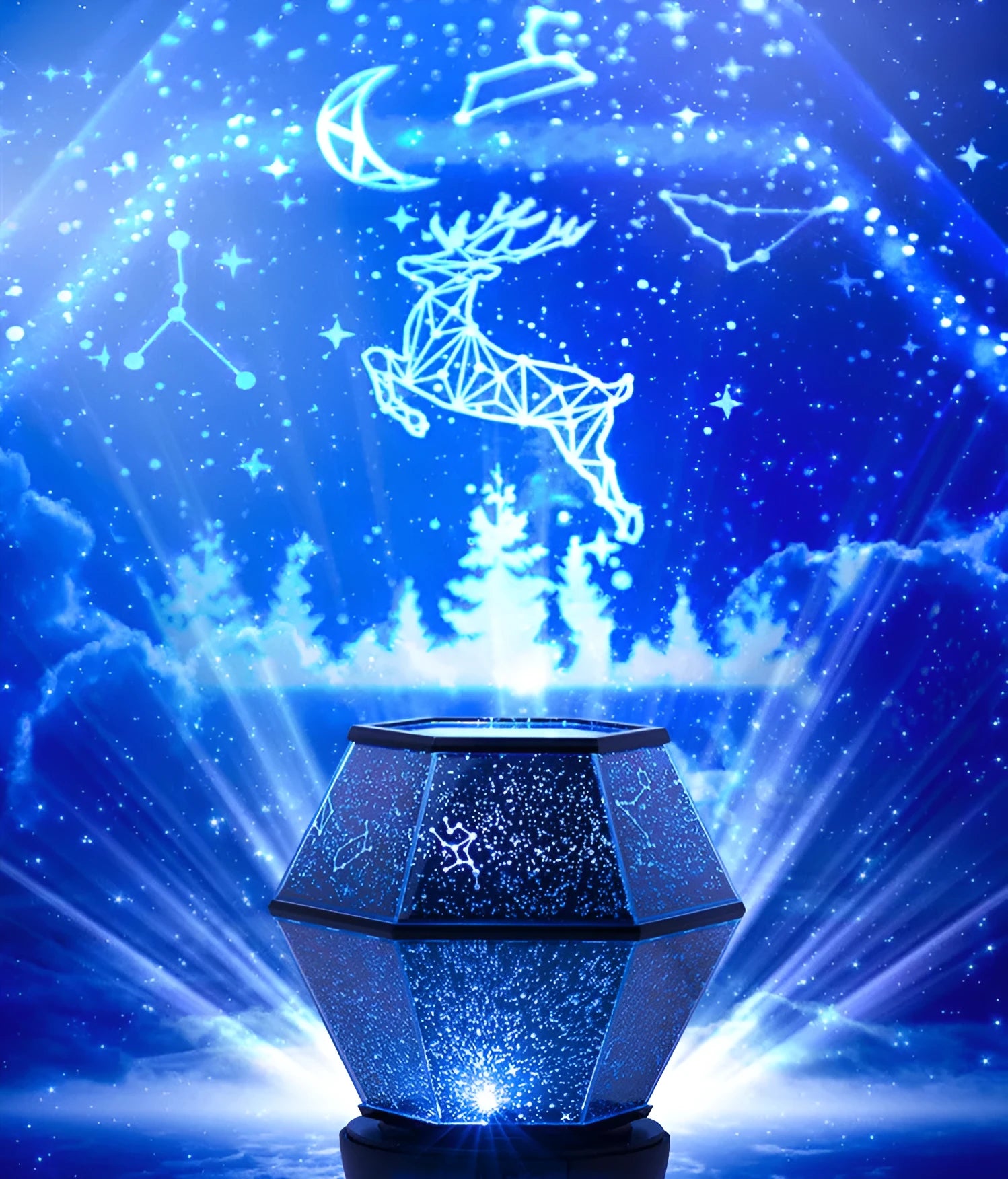 Children's rotating star night light projecting coloured stars on bedroom wall