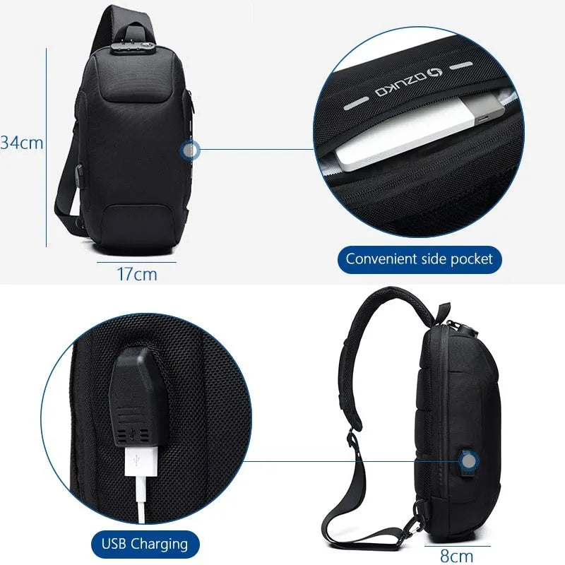 Multifunctional anti-theft waterproof shoulder bag in Oxford cloth, square section shape, available in multiple colours including black and dark blue.