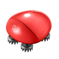 Red handheld electric scalp massager with silicone nodes, showing dimensions 110mm by 120mm.