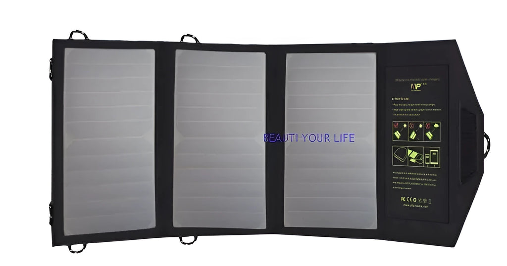Black foldable solar panel charger with dual USB ports, shown attached to a backpack.