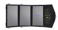 Black foldable solar panel charger with dual USB ports, shown attached to a backpack.