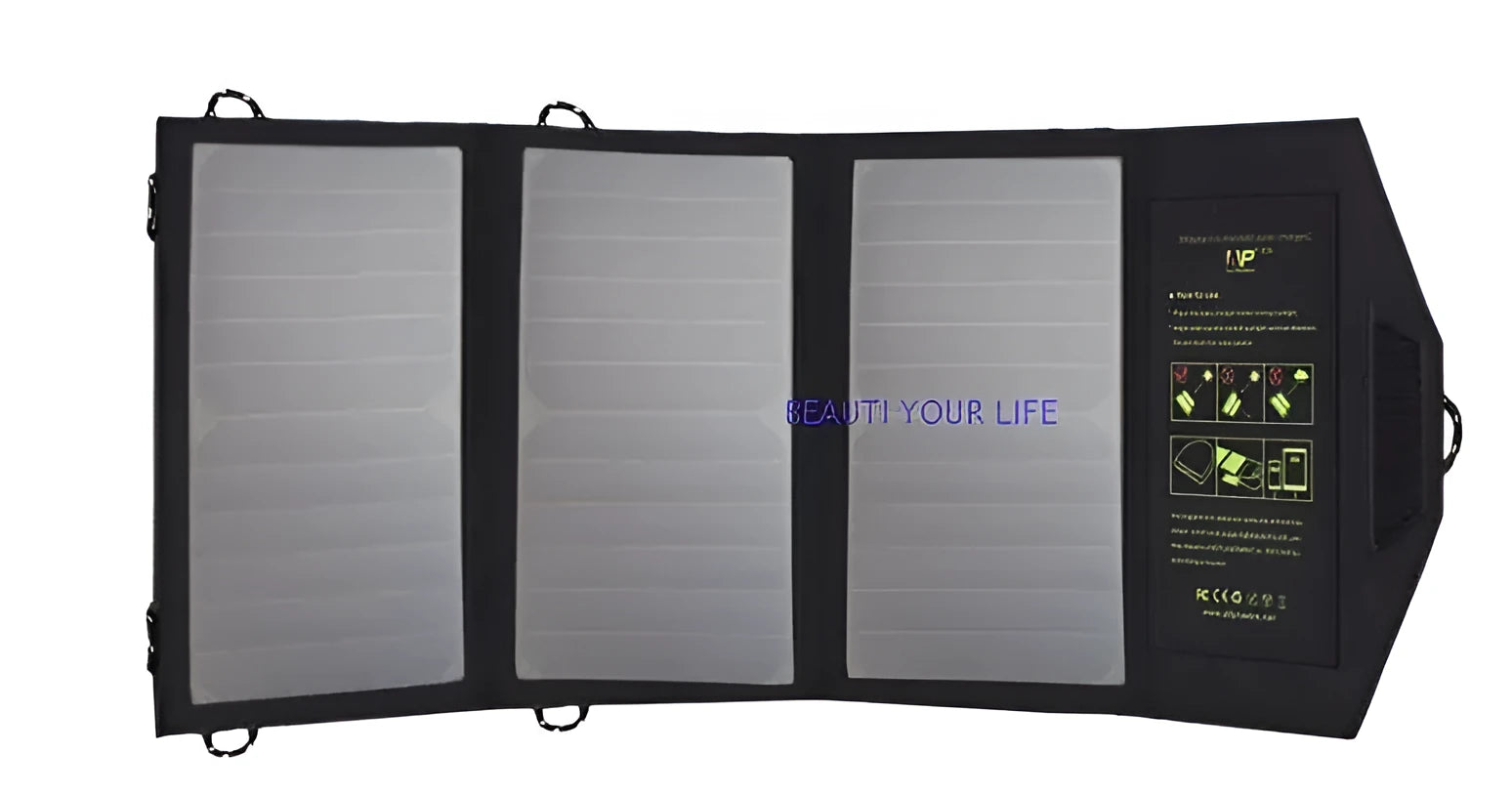 Black foldable solar panel charger with dual USB ports, shown attached to a backpack.