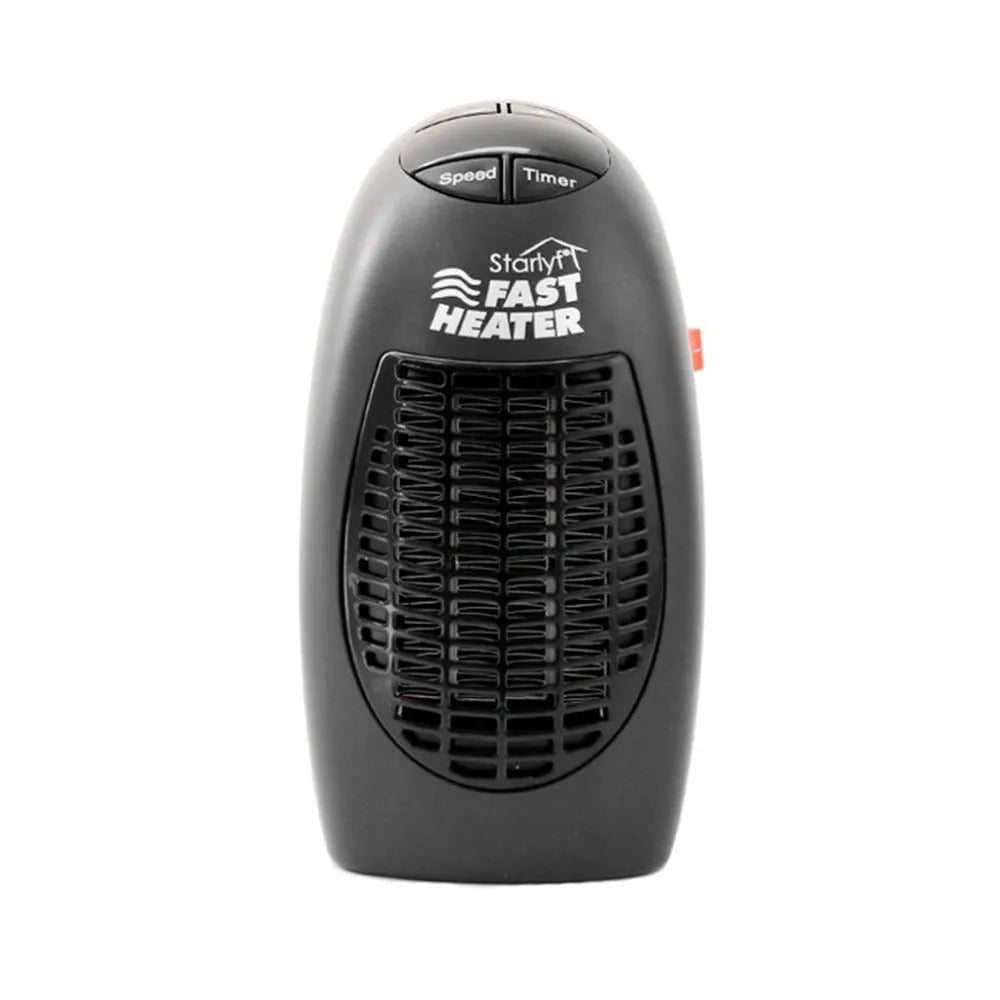 Black mini ceramic electric heater with digital display and rotating plug on a white background