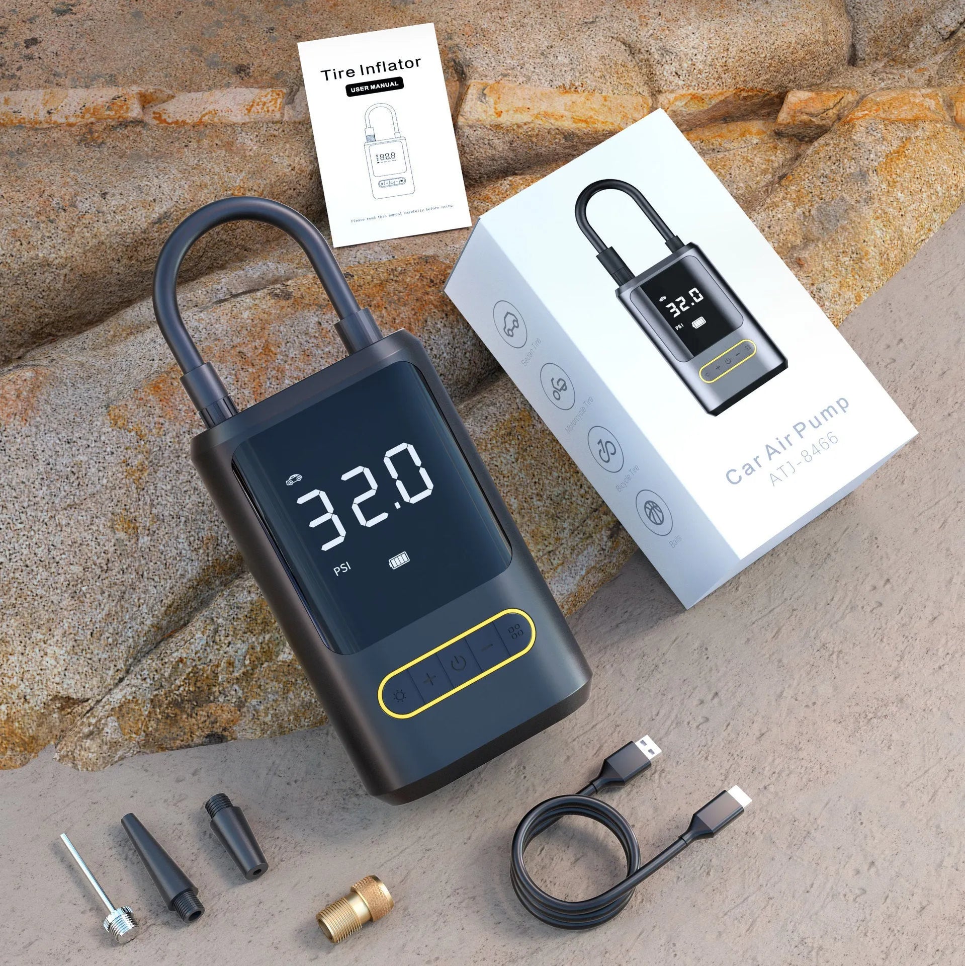Handheld wireless air pump with digital display showing tyre pressure measurement