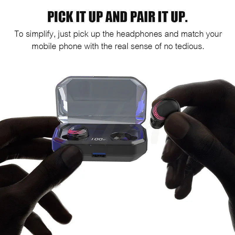Black X10 Bluetooth wireless earbuds and compact rectangular charging case on a white background.