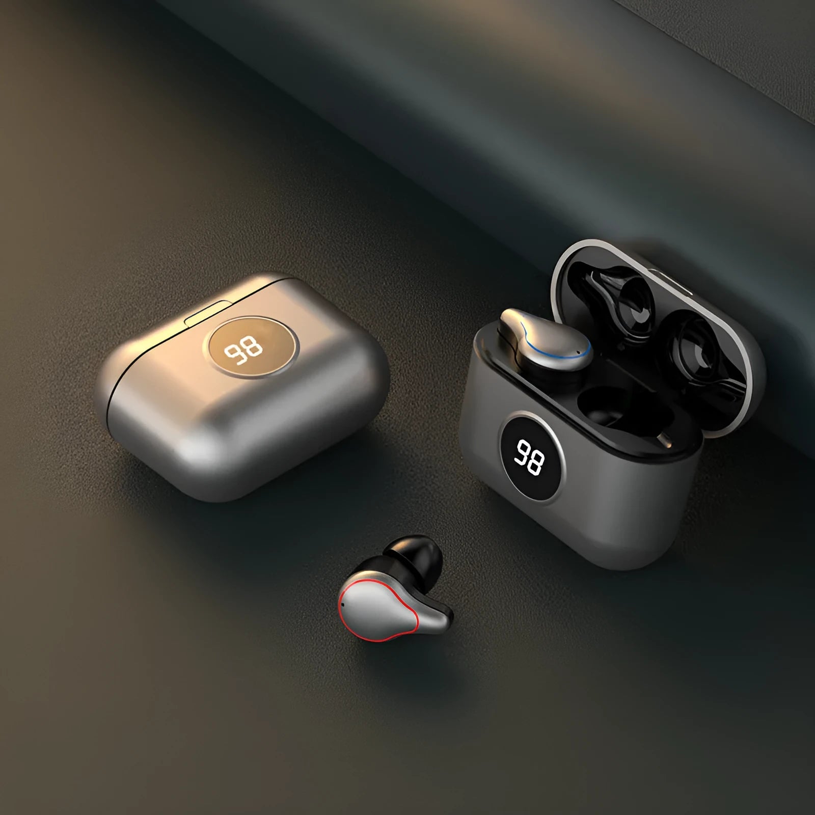 Black and blue in-ear Bluetooth headset with bilateral stereo sound configuration