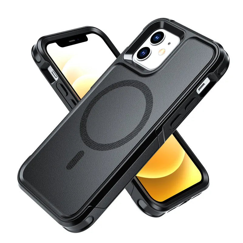 Black shatterproof magnetic phone case for iPhone 12 and 13 series showing front and back views