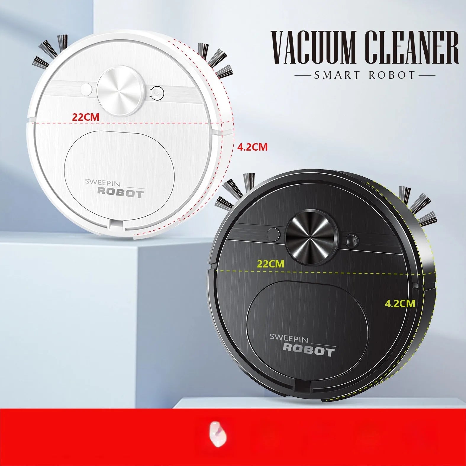 Black or white three-in-one robot vacuum cleaner with sweeping brushes and a mopping attachment.