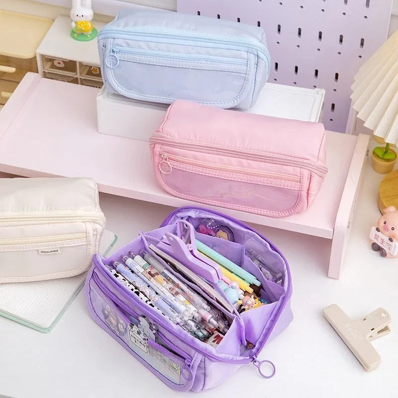 Korean-style canvas pencil case with ten-layer flip design in six colour options