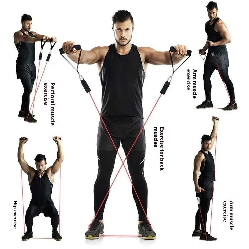 Black ABS door pull-up bar kit with adjustable rope and multiple hooks laid out for home gym setup.