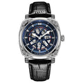 Automatic mechanical men's watch with stainless steel case and blue leather strap.
