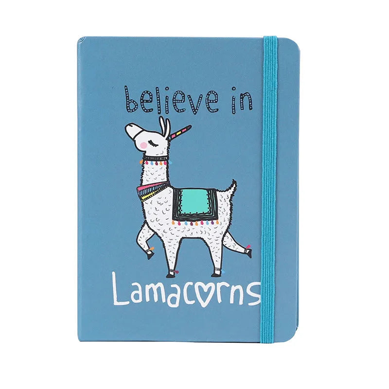 Alpaca cartoon design notepad open showing yellow paper, available in A5, A6, and A7 sizes.