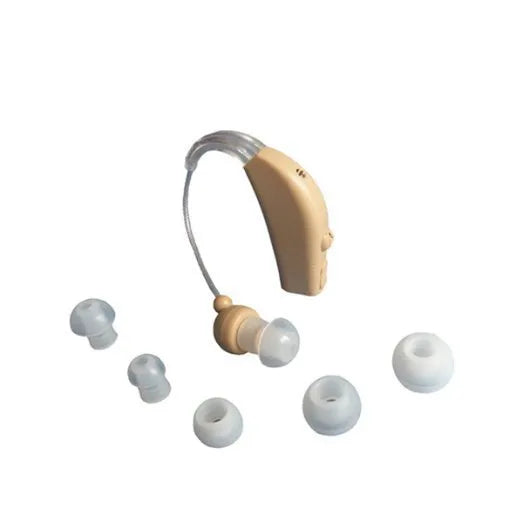 U-Kiss rechargeable behind-the-ear digital hearing aid amplifier with mini design and EU/US plug options.
