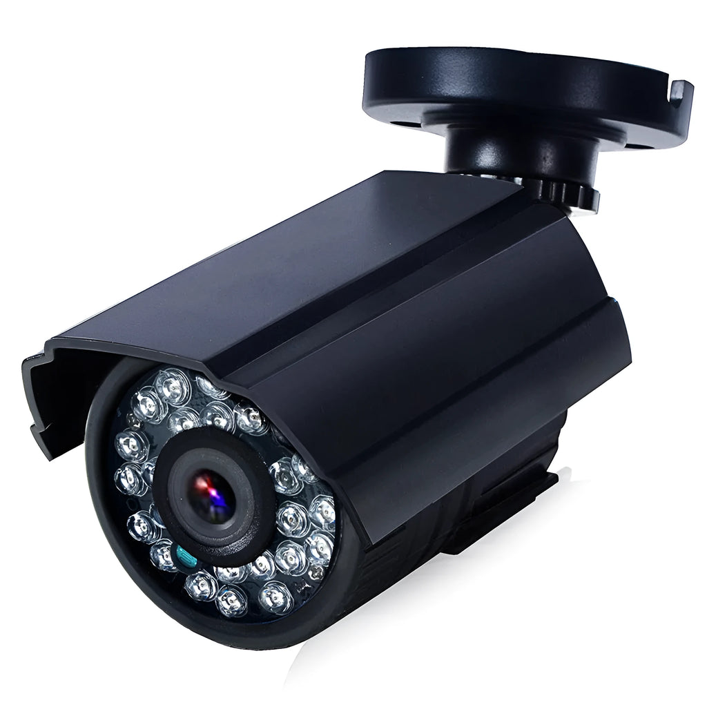 A black, waterproof 720P HD security camera with a fixed lens and infrared LEDs for night vision.