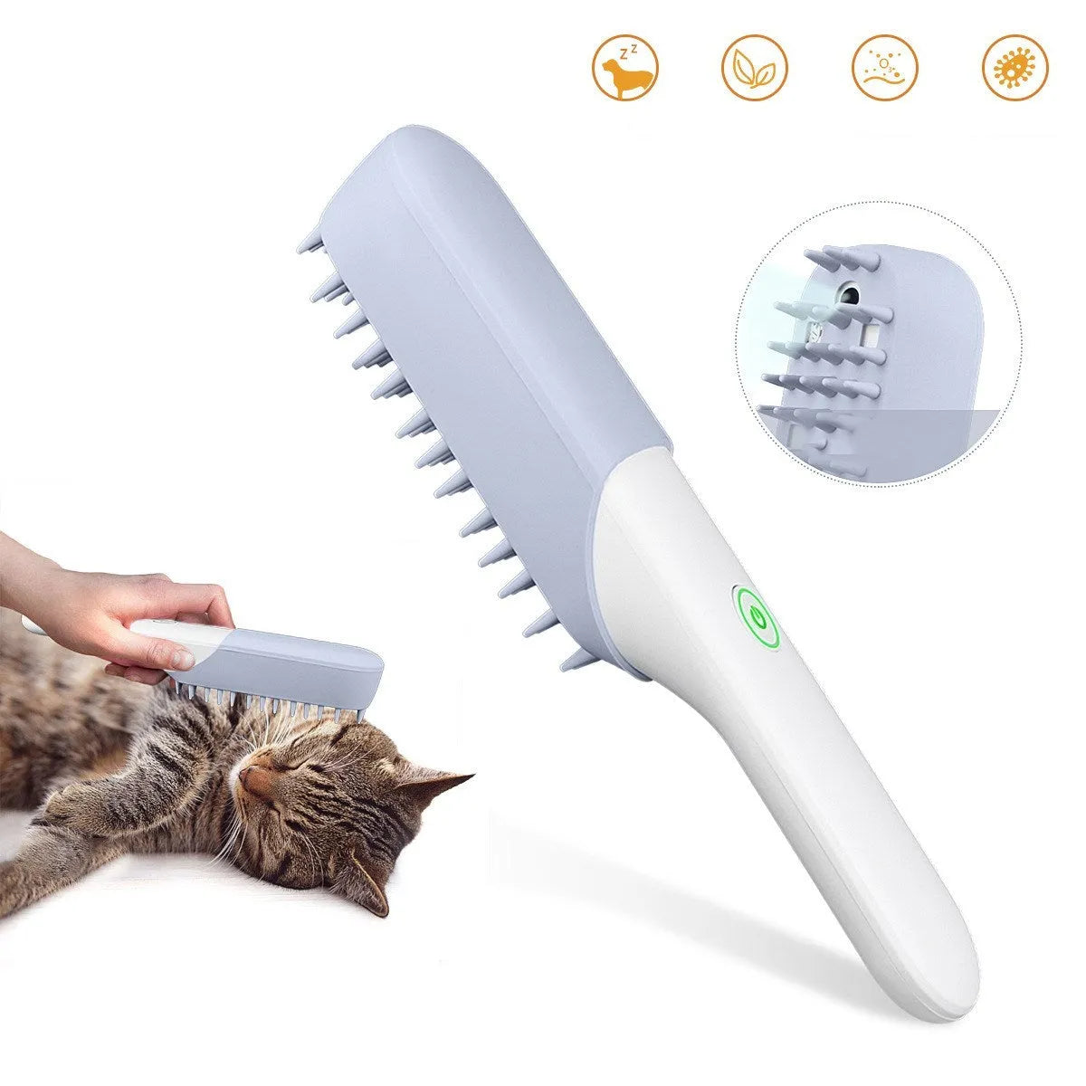 Blue ABS pet grooming comb with removable silicone massage head and ozone sterilisation function