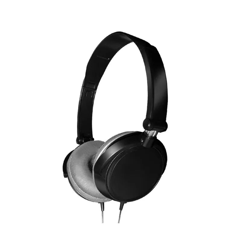 Black folding wired over-ear headphones with adjustable headband and 3.5mm plug on a coiled cable.
