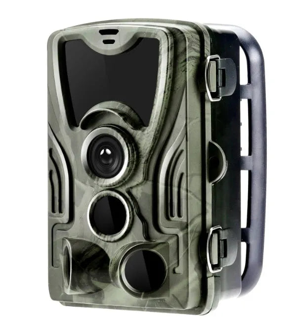 Green cellular trail hunting camera with night vision LEDs and mounting strap
