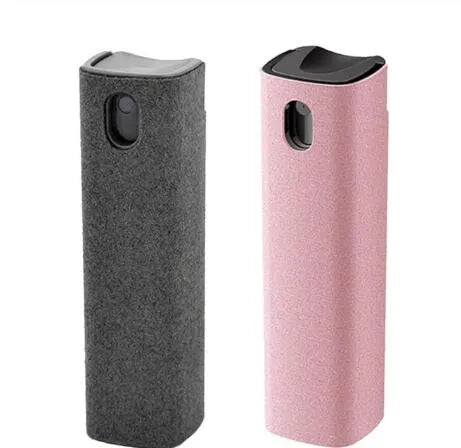 2-in-1 screen cleaner kit with spray bottle and microfiber cloth in pink and grey for phone and computer screens