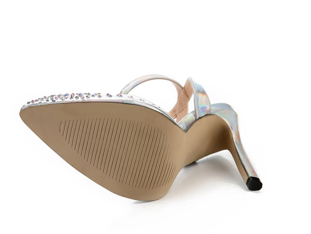 Women's pointed toe sandals with stiletto heels, diamond detail on PVC upper, shown on a size chart.