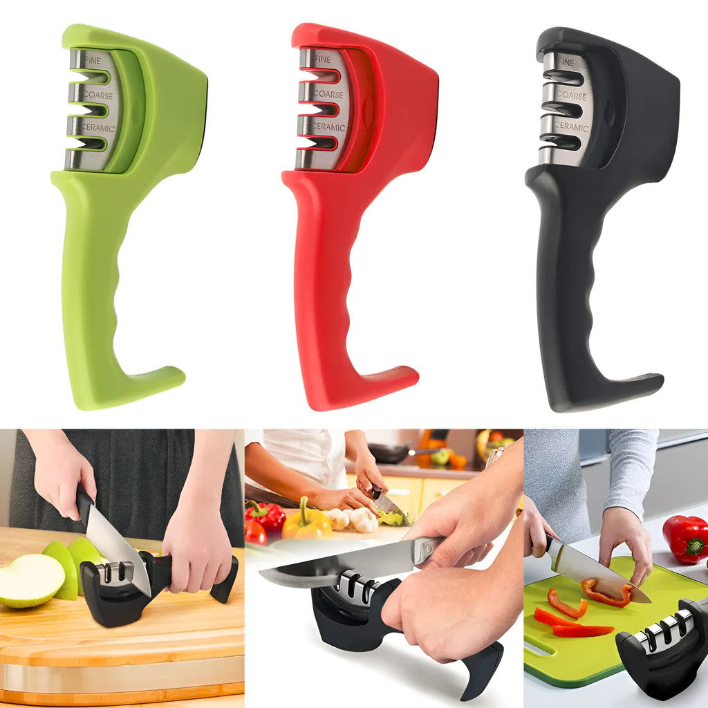 Manual knife sharpener in black with three-stage slots and rubber feet, shown with a kitchen knife.