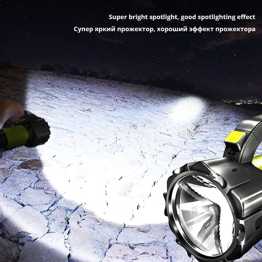 Orange portable LED work lamp with adjustable brightness, side lights, and removable battery on shoulder strap.
