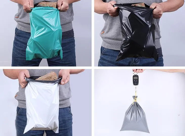 A bundle of 100 flat, clear PE plastic courier bags for clothing with adhesive sticker seals.