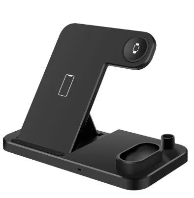 4-in-1 adjustable wireless charging station showing phone, watch, earbuds and pencil charging on a desk.