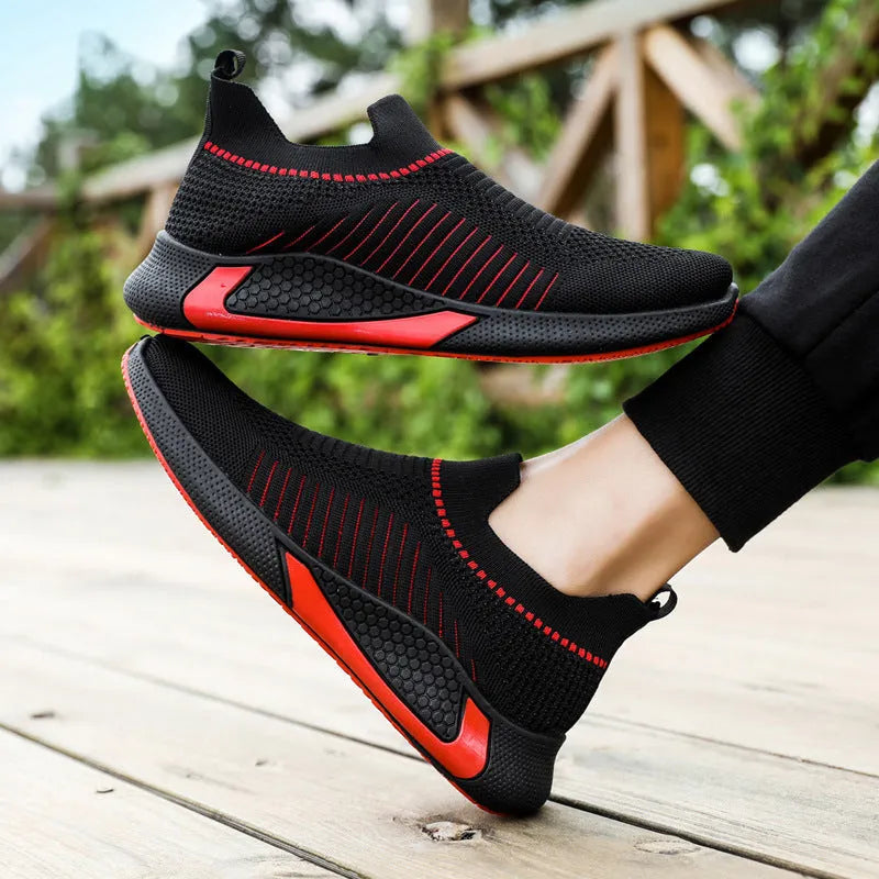 Men's striped mesh sock shoes with flyknit upper and plastic sole in black, black white, or white colour options