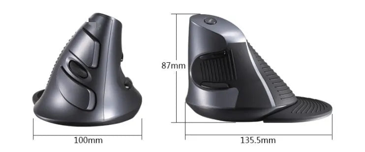 M 618 black and white wireless vertical ergonomic mouse showing its contoured shape and scroll wheel.