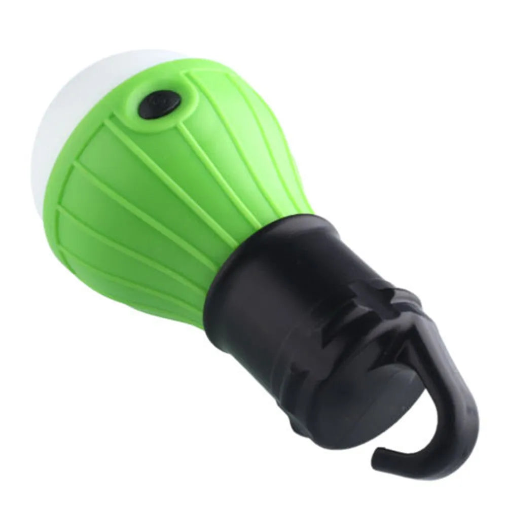 Blue portable camping lantern with a black hook, showing three white LEDs and a textured ABS plastic body.
