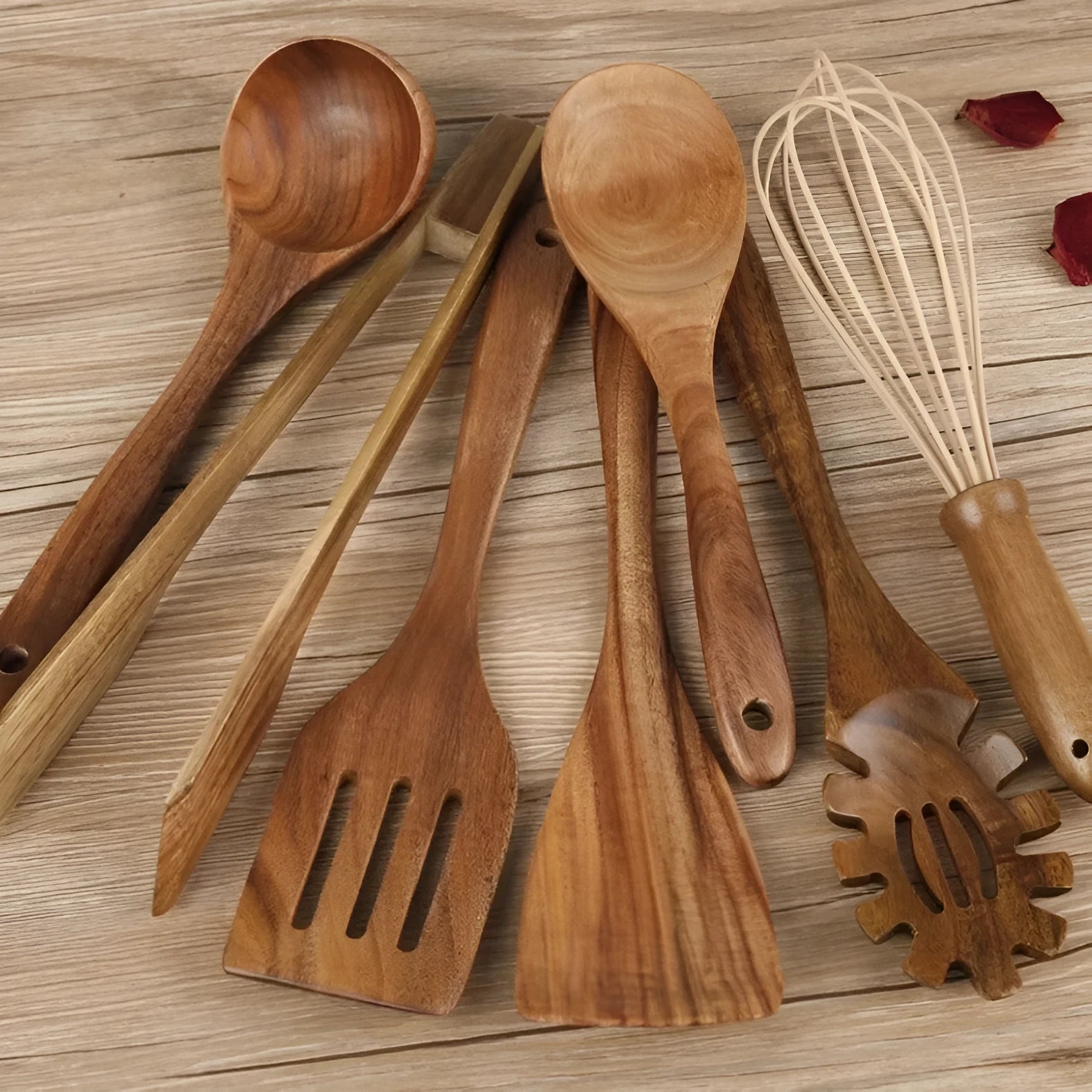 Seven-piece wooden cooking utensil set including spoons and spatulas for non-stick pans