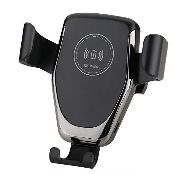 Black car wireless charger mounted on dashboard with iPhone secured in automatic clamp