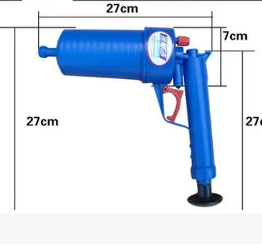 Plastic air power drain blaster gun with handle and four different-sized suction cup adaptors for clearing pipe blockages.