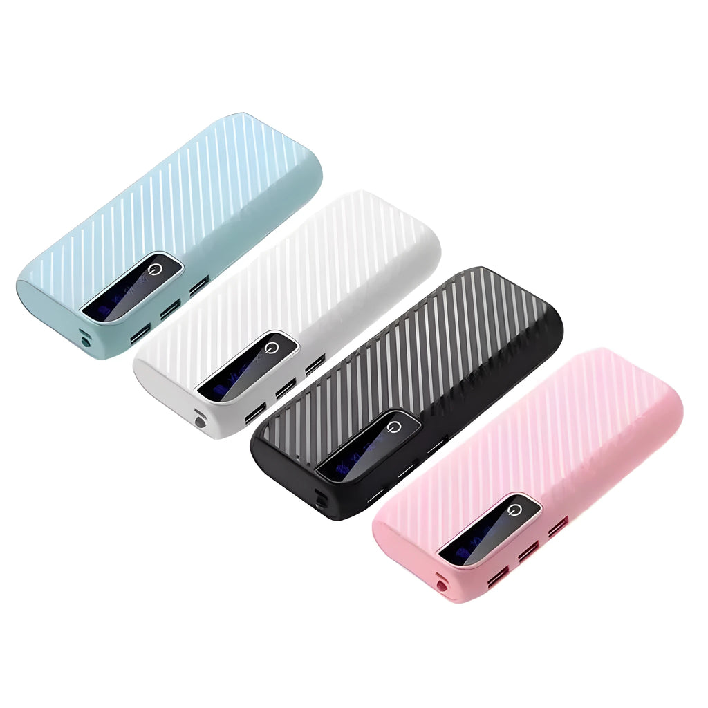 20000mAh mini portable power bank in black, showing USB ports and compact 142mm size.