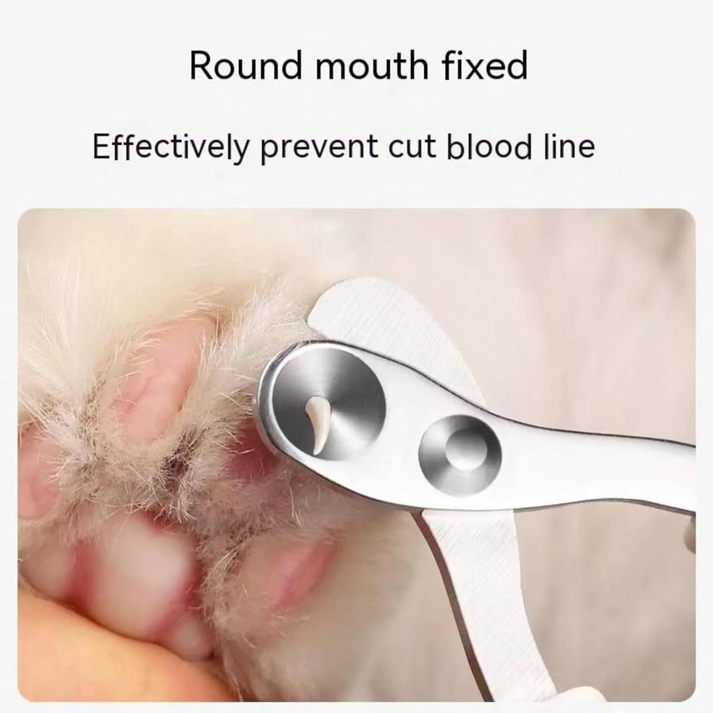 Blue pet nail clippers with a circular cutting hole and cushioned non-slip handles.