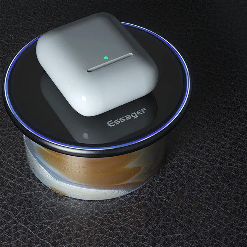 Black wireless charging pad with LED indicator light on aluminium alloy surface