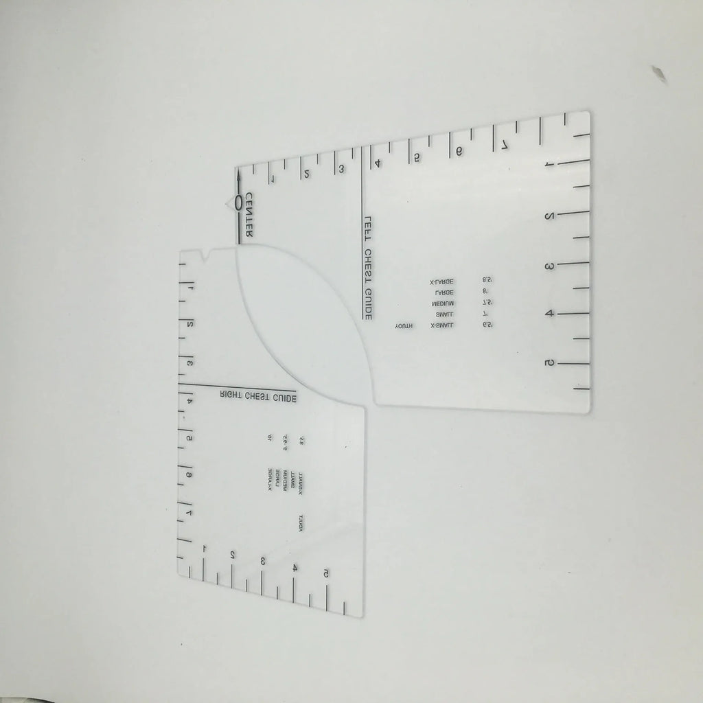 Transparent acrylic sewing patch ruler for T-shirt alignment measuring 10x6 inches