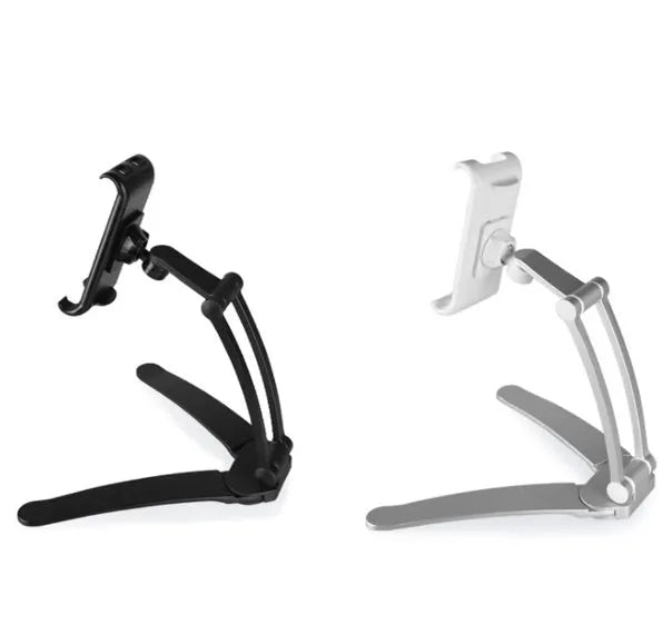 Silver and black aluminium alloy desktop tablet stand with adjustable arm and dual clamps.