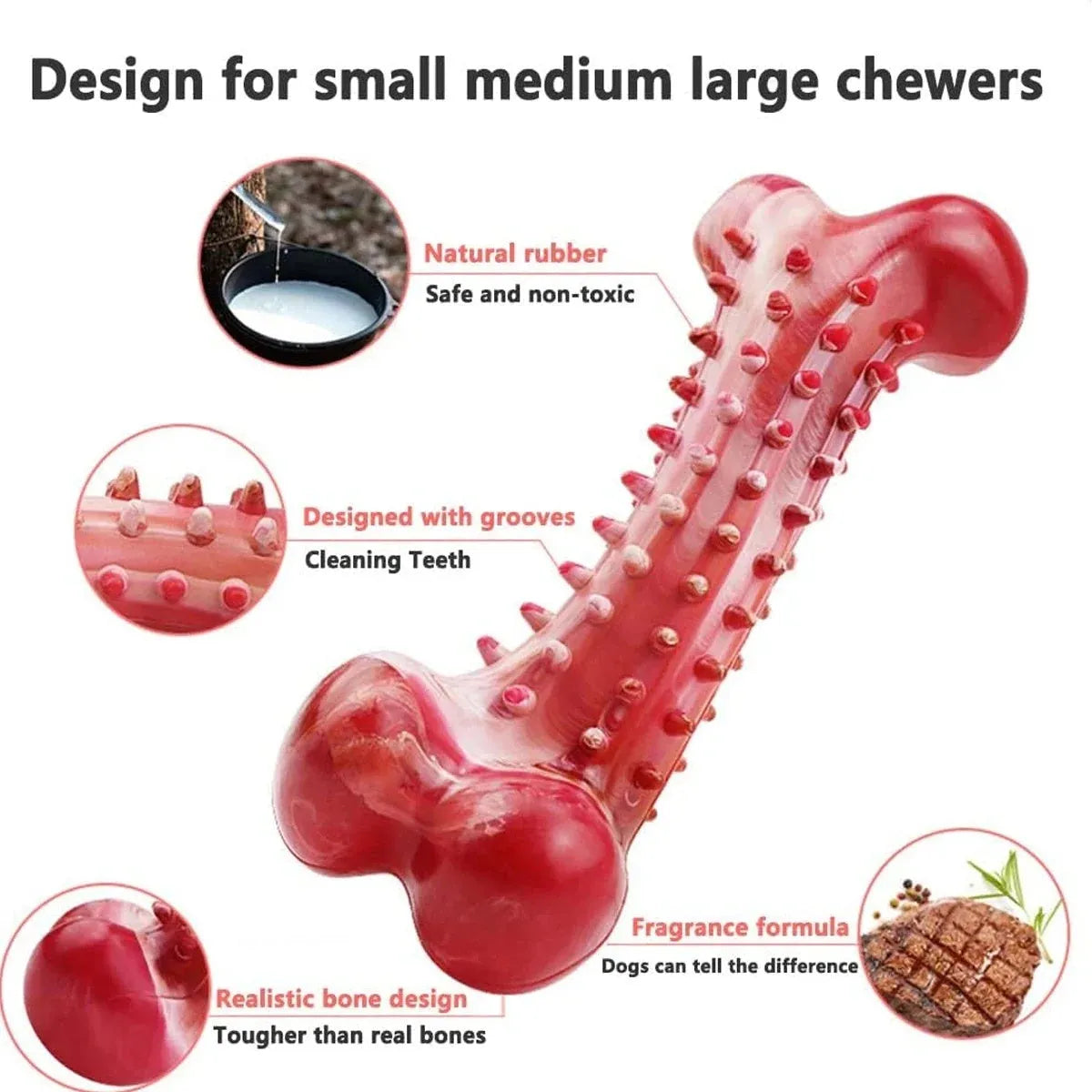 Red natural rubber chew toy for aggressive dogs measuring 4 inches in length
