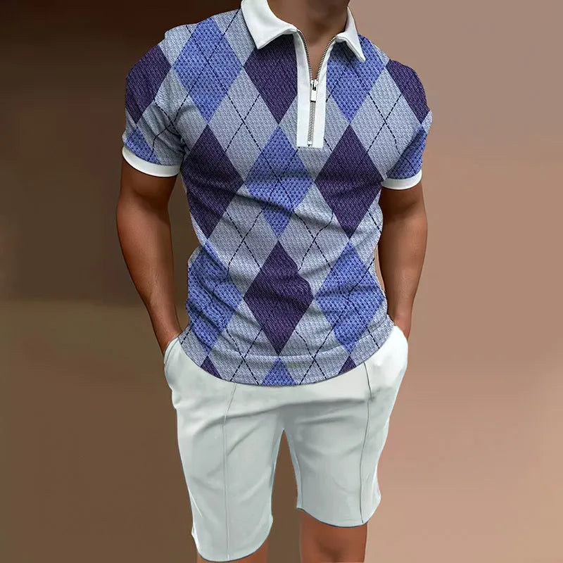 Men's casual printed polyester two-piece set showing short sleeve top and matching shorts