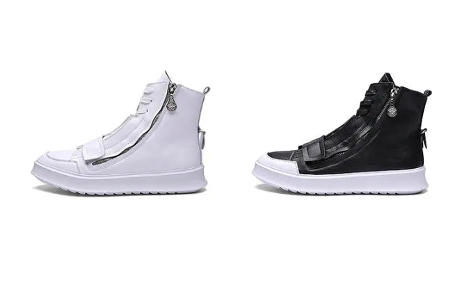 Men's black PU leather ankle boot with high-top sneaker design on a white background