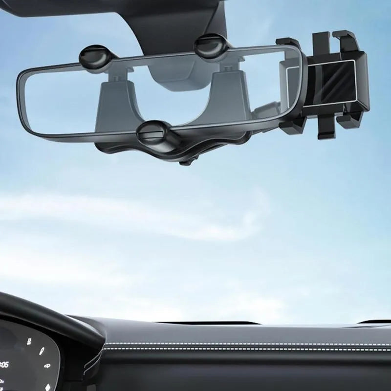 Black rearview mirror car phone holder with telescopic arm and four-claw phone grip in 360-degree rotation.