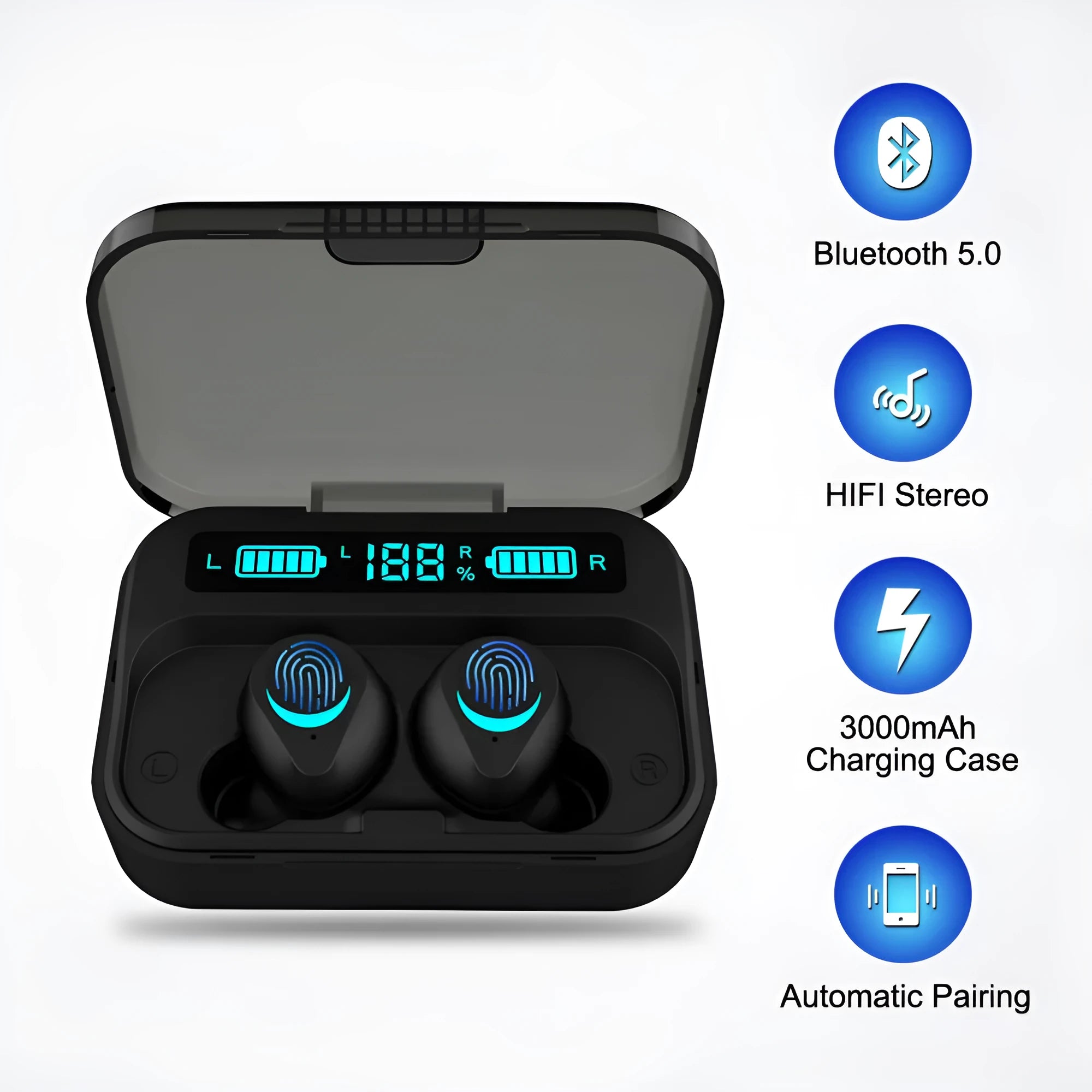 Black TWS Bluetooth headset with earplug design showing wireless earbuds