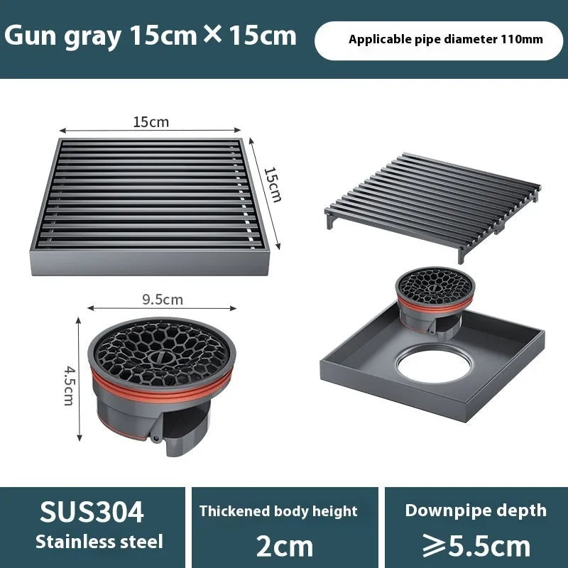 Gun grey 304 stainless steel courtyard floor drain for 15x15 cm openings