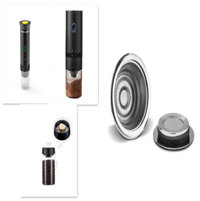 Portable electric espresso machine in grey with USB charging cable, shown next to coffee capsules