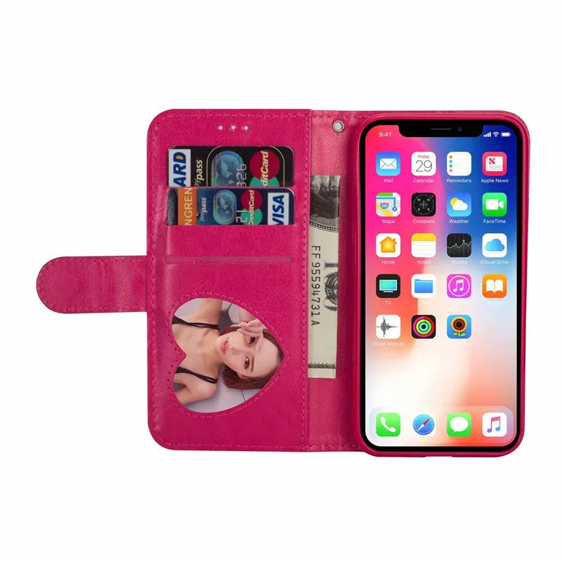 PU leather zipper closure phone case for iPhone in black, shown next to silver and rose gold options.