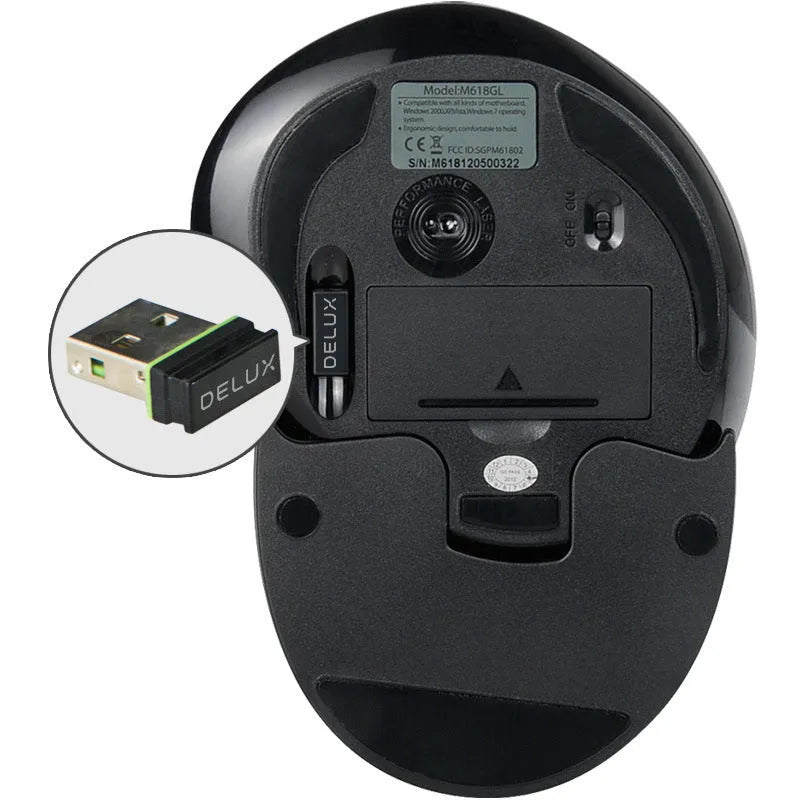 M 618 black and white wireless vertical ergonomic mouse showing its contoured shape and scroll wheel.